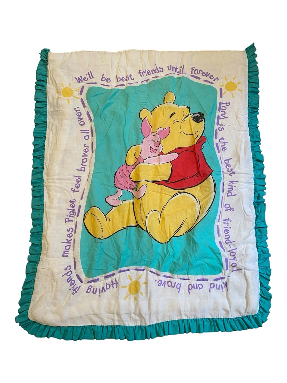 Winnie the Pooh Piglet Best Friends Baby Quilt Blanket Crib Ruffle Trim Vintage